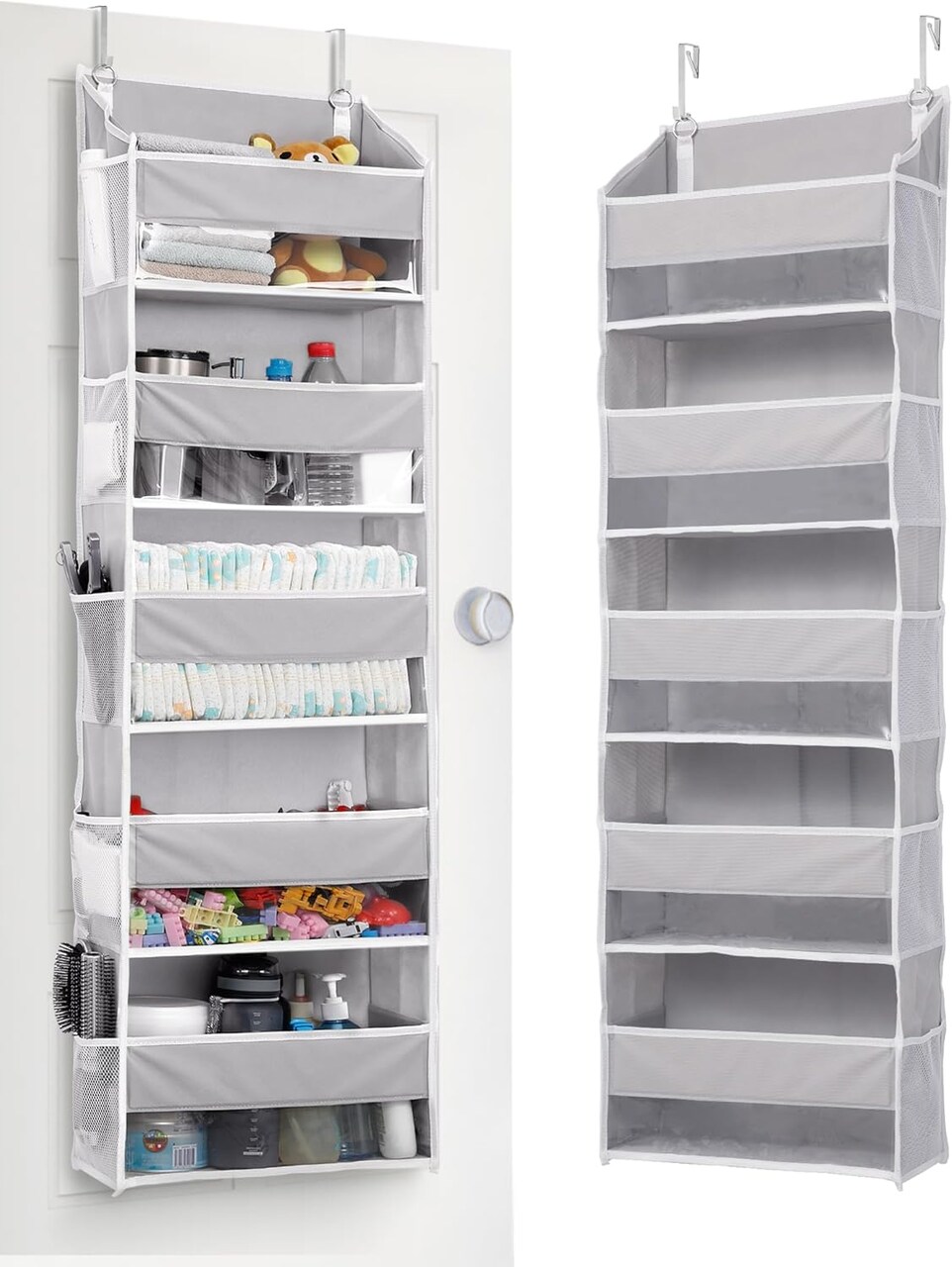 Over-the-Door Hanging Organizer with 5 Large Pockets & 10 Mesh Side Pockets – 44 lbs Weight Capacity, Clear Window Storage for Toys, Shoes, Diapers & Household Items, Gray, 5-Layer Design (Grey)
